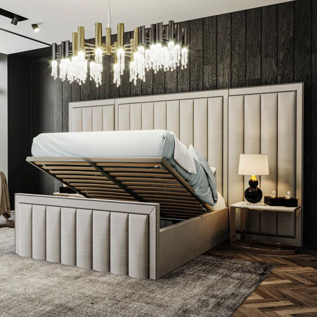 Grandeur Tall Headboard Upholstered Bed Frame With Ottoman Storage