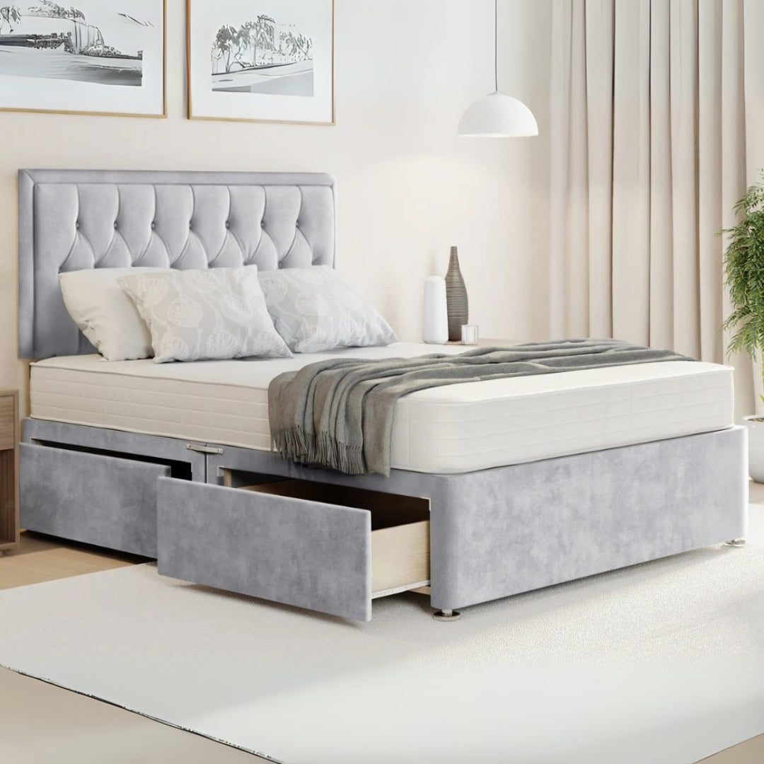 Serena Divan Bed Frame With Optional Mattress and side drawers storage