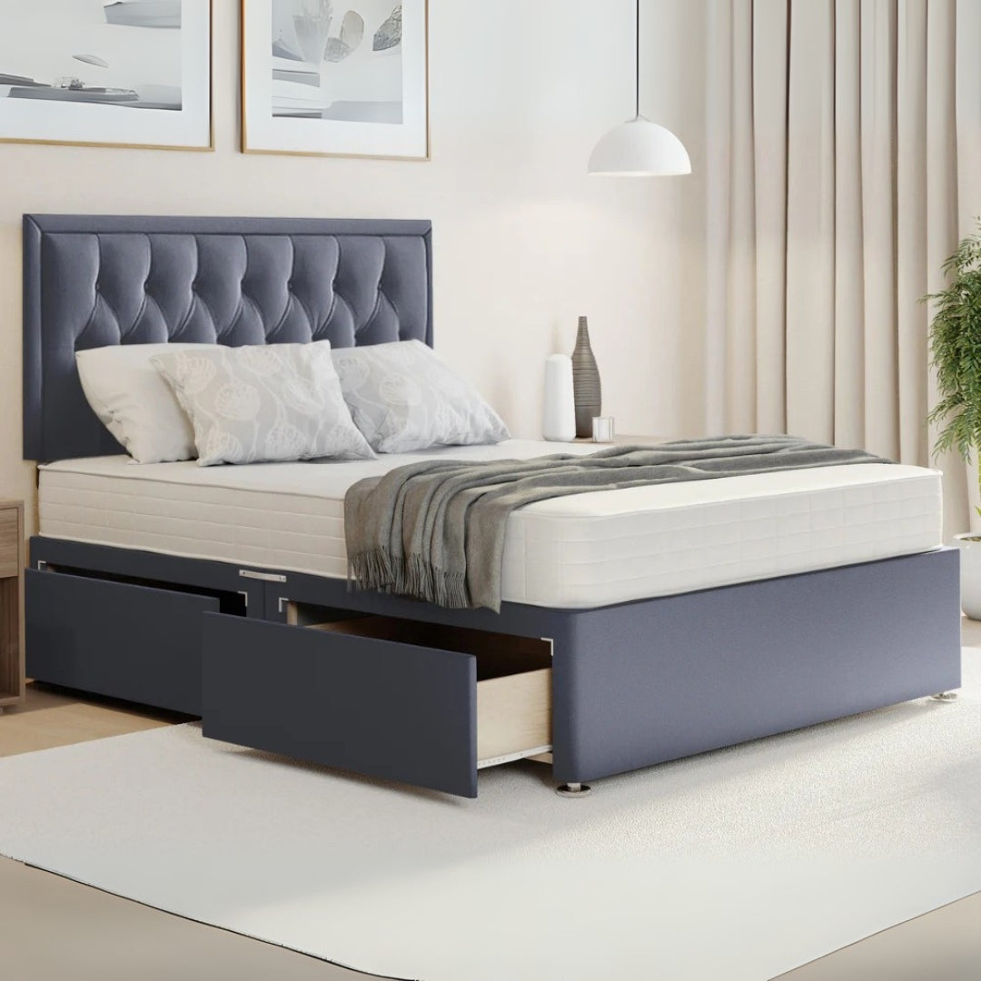 Serena Divan Bed Frame With Optional Orthopedic Mattress and side drawers storage
