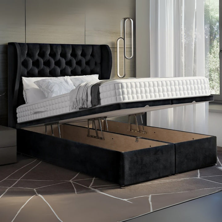 Supreme Comfort Wingback Divan Bed Frame With Divan Ottoman Storage