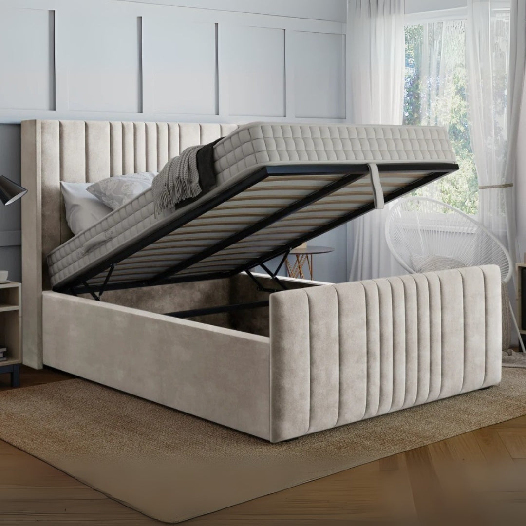 Wingback Bed With Vertical Linear Design and a Optional Ottoman Storage Mechanism